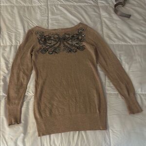 Cache Tan Crew Neck Sweater with Intricate Design